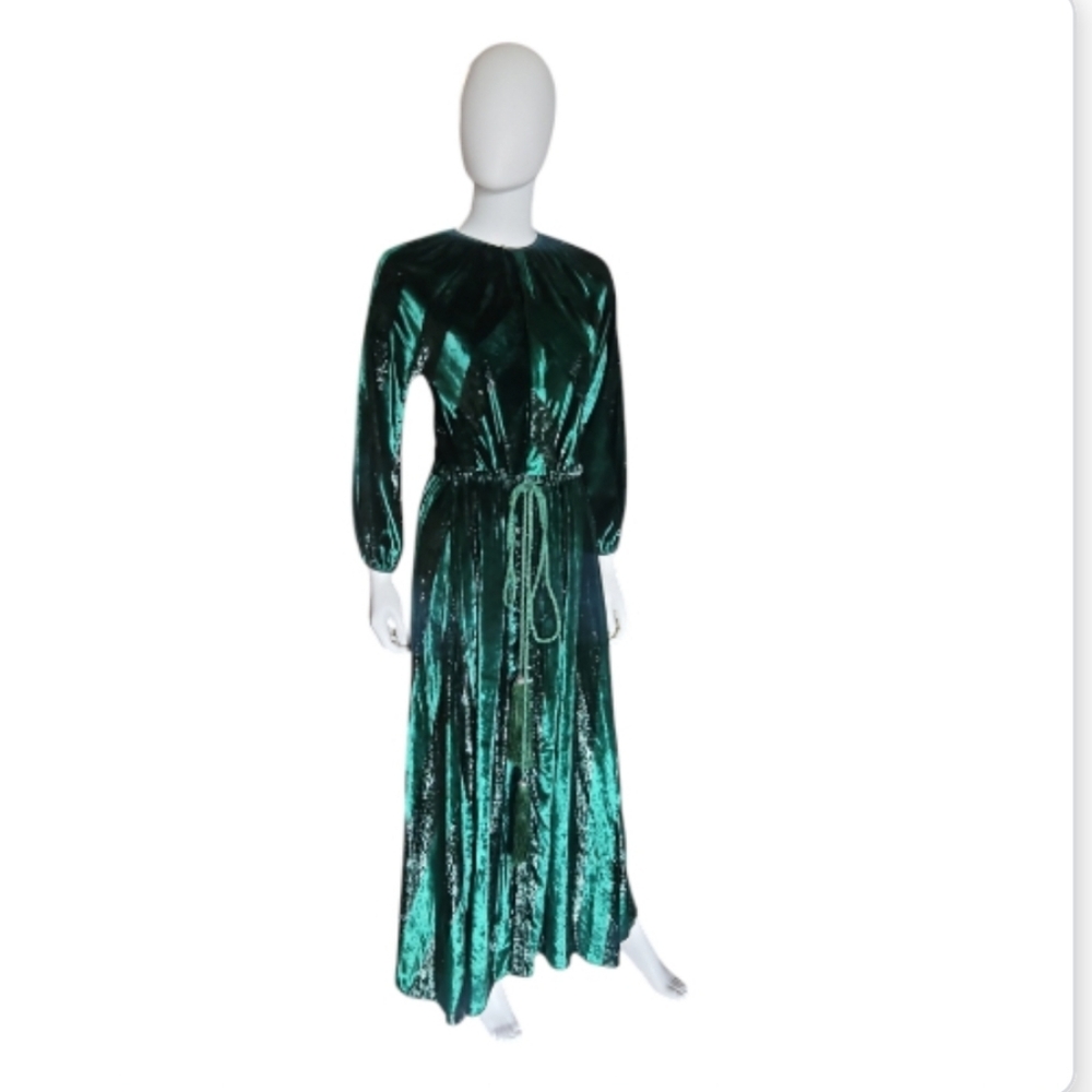 LOVE BINETTI | Green Metallic Maxi Dress XS Long Sleeve Evening